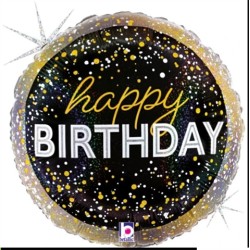 BALLON METALLIQUE ROND  HAPPY BIRTHDAY  (LET'S PARTY) NOIR ET OR 46 CM 