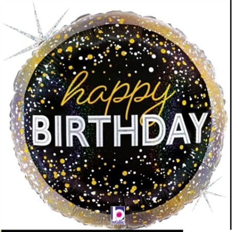 BALLON METALLIQUE ROND  HAPPY BIRTHDAY  (LET'S PARTY) NOIR ET OR 46 CM 