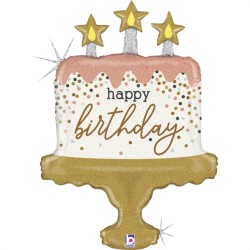 BALLON METALLIQUE GATEAU HAPPY BIRTHDAY ROSE GOLD ET OR 66 CM 