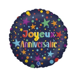 BALLON ROND METALLIQUE HAPPY BIRTHDAY ETOILES COLOREES SUR FOND BLEU 46 CM 