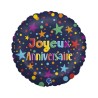 BALLON ROND METALLIQUE HAPPY BIRTHDAY ETOILES COLOREES SUR FOND BLEU 46 CM 