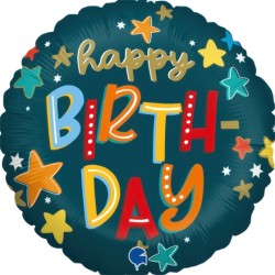 BALLON METALLIQUE ROND HAPPY BIRTHDAY ETOILES MULTICOLORES SUR FOND BLEU 46 CM 