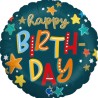 BALLON METALLIQUE ROND HAPPY BIRTHDAY ETOILES MULTICOLORES SUR FOND BLEU 46 CM 