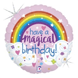BALLON METALLIQUE ROND HAVE A MAGICAL BIRTHDAY ARC EN CIEL FOND ROSE 46 CM 