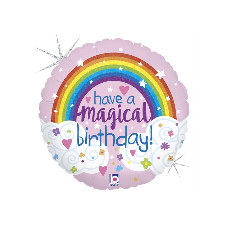 BALLON METALLIQUE ROND HAVE A MAGICAL BIRTHDAY ARC EN CIEL FOND ROSE 46 CM BALLON METALLIQUE ROND HAVE A MAGICAL BIRTHDAY ARC EN CIEL FOND ROSE 46 CM