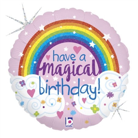 BALLON METALLIQUE ROND HAVE A MAGICAL BIRTHDAY ARC EN CIEL FOND ROSE 46 CM 