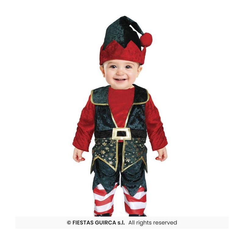 DEGUISEMENT LUTIN DE NOEL GARCON ROUGE VERT FLOCONS OR BEBE  TAILLE 12-18 MOIS