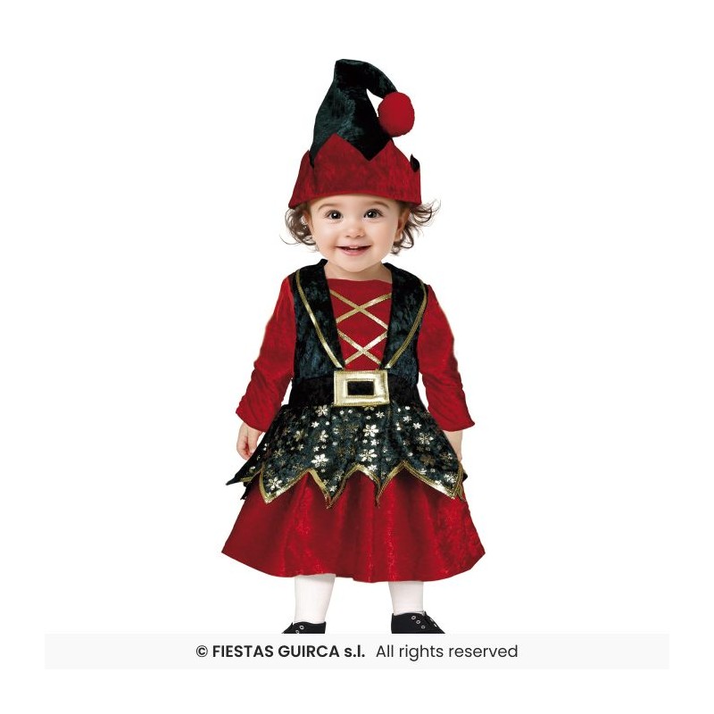 DEGUISEMENT LUTIN DE NOEL FILLE ROUGE VERT FLOCONS OR BEBE TAILLE 12-18 MOIS