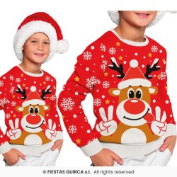 DEGUISEMENT PULL DE NOEL ROUGE RENNE RUDOLF TAILLE 10-12 ANS