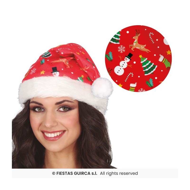 BONNET OU CHAPEAU DE NOEL ROUGE IMPRIME SAPINS RENNES BONHOMME DE NEIGE