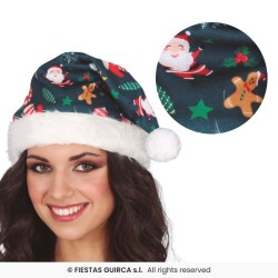 BONNET OU CHAPEAU DE NOEL VERT IMPRIME PERE NOEL PAIN D'EPICE CADEAU