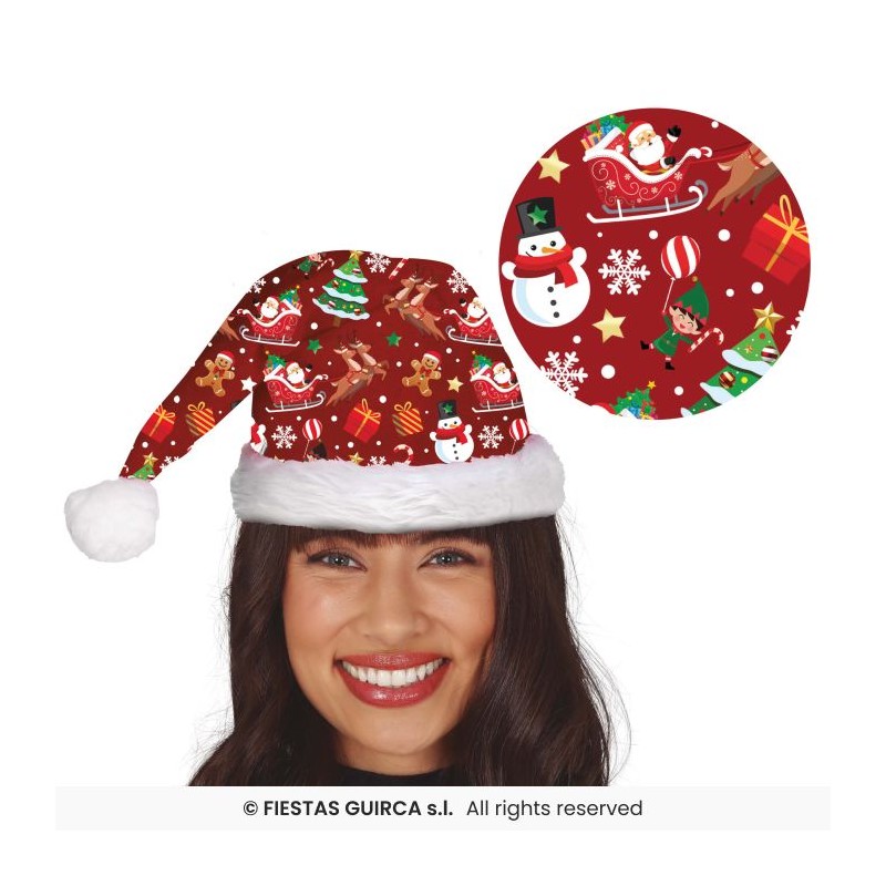 BONNET OU CHAPEAU DE NOEL ROUGE IMPRIME PERE NOEL SAPIN RENNE BONHOMME DE NEIGE