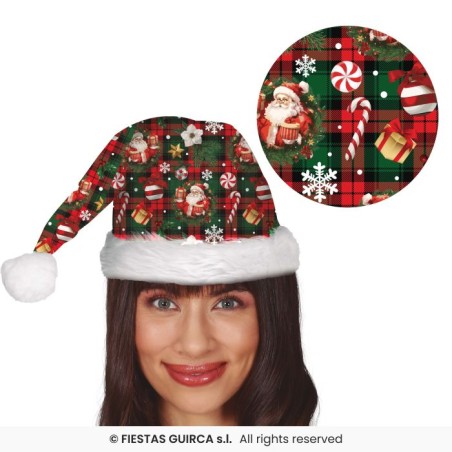BONNET OU CHAPEAU DE NOEL VERT IMPRIME PERE NOEL SAPIN BOULE ET CADEAU