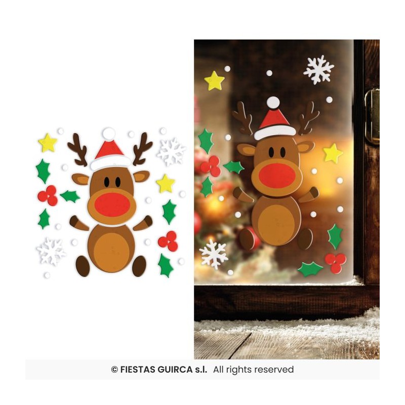 DECORATION DE FENETRE EN GEL NOEL THEME RENNE RUDOLPH 20 X 25CM
