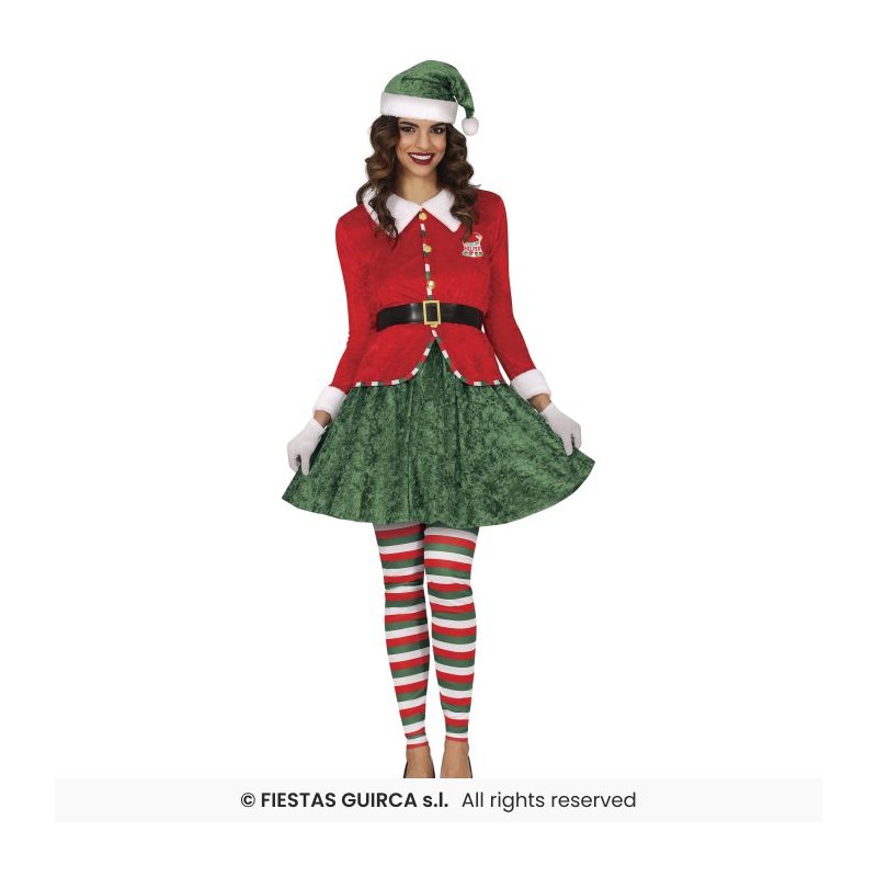 DEGUISEMENT LUTIN DE NOEL  FEMME TUNIQUE ROUGE JUPE VERTE COLLANT RAYE  TAILLE L