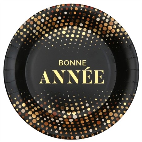 10 ASSIETTES  NOIR ET OR BONNE ANNEE 22.5 CM 