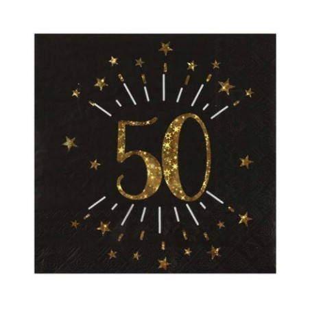10 SERVIETTES  ETINCELANT METAL OR 50 ANS NOIR 