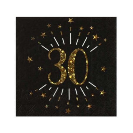 10 SERVIETTES  ETINCELANT METAL OR 30 ANS NOIR 