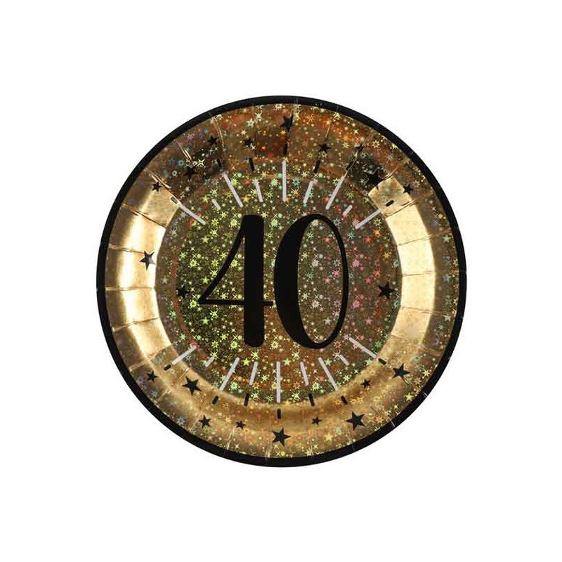 10 ASSIETTES ROND ETINCELANT METAL OR 40 ANS NOIR 