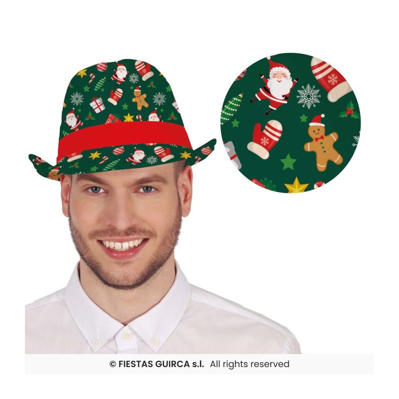 CHAPEAU DE NOEL GANGSTER VERT IMPRIME PERE NOEL SAPIN BOULE ET CADEAU CHAPEAU DE NOEL GANGSTER VERT IMPRIME PERE NOEL SAPIN BOULE ET CADEAU