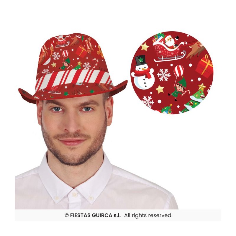 CHAPEAU DE NOEL GANGSTER ROUGE IMPRIME PERE NOEL SAPIN RENNE LUTIN ET CADEAU