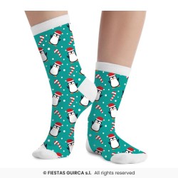 CHAUSSETTES THEME NOEL PINGOUIN SUR FOND BLEU TAILLE 22 - 28
