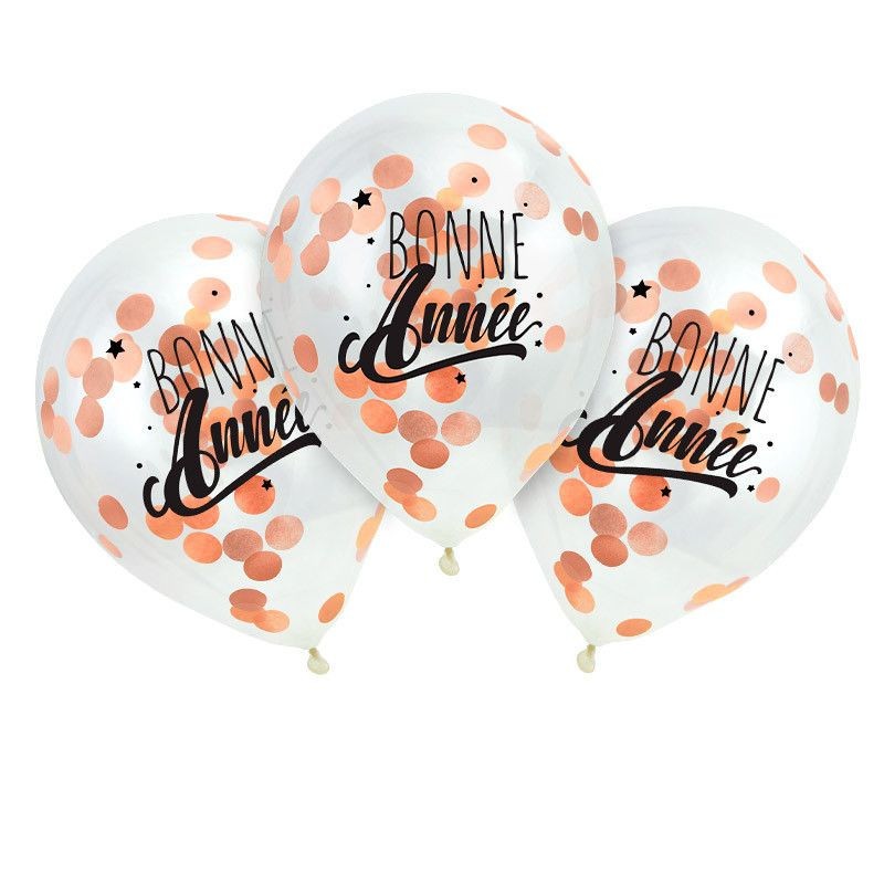 3 BALLONS TRANSPARENTS CONFETTIS ROSE GOLD BONNE ANNEE 30 CM 3 BALLONS TRANSPARENTS CONFETTIS ROSE GOLD BONNE ANNEE 30 CM