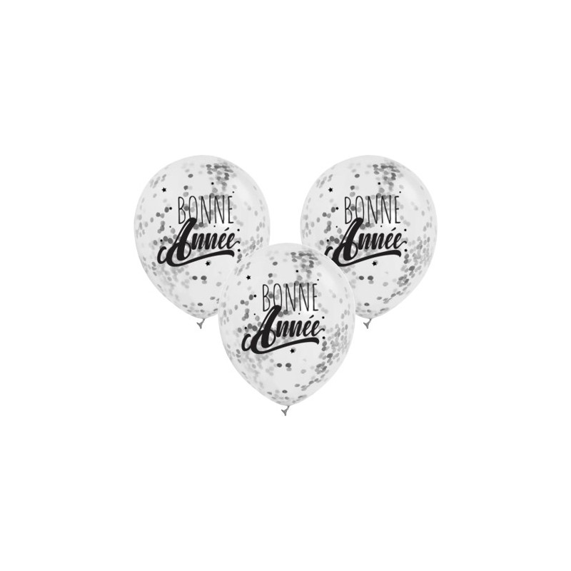 3 BALLONS TRANSPARENTS CONFETTIS ARGENT BONNE ANNEE 3 BALLONS TRANSPARENTS CONFETTIS ARGENT BONNE ANNEE