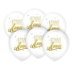 6 BALLONS BLANC BONNE ANNEE OR 30 CM