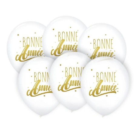 6 BALLONS BLANC BONNE ANNEE OR 30 CM