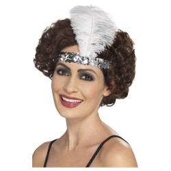 BANDEAU CHARLESTON A SEQUINS ET PLUMES ARGENTE FEMME
