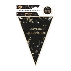 GUIRLANDE FANIONS JOYEUX ANNIVERSAIRE HAPPY PARTY NOIR ET OR 3 M
