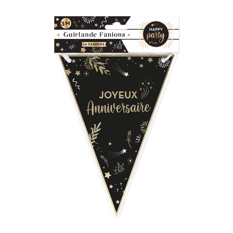 GUIRLANDE FANIONS JOYEUX ANNIVERSAIRE HAPPY PARTY NOIR ET OR 3 M GUIRLANDE FANIONS JOYEUX ANNIVERSAIRE HAPPY PARTY NOIR ET OR 3 M