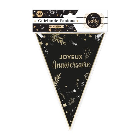 GUIRLANDE FANIONS JOYEUX ANNIVERSAIRE HAPPY PARTY NOIR ET OR 3 M