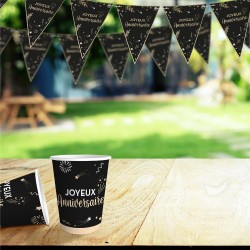 GUIRLANDE FANIONS JOYEUX ANNIVERSAIRE HAPPY PARTY NOIR ET OR 3 M