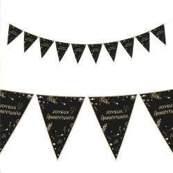 GUIRLANDE FANIONS JOYEUX ANNIVERSAIRE HAPPY PARTY NOIR ET OR 3 M