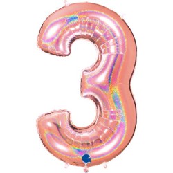 BALLON METALLIQUE CHIFFRE 3 ROSE GOLD HOLOGRAPHIQUE 102CM