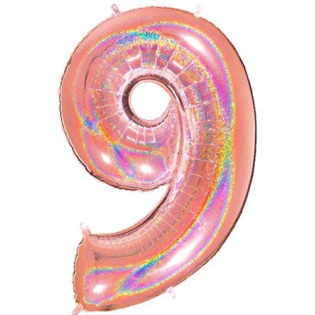 BALLON METALLIQUE CHIFFRE 9 ROSE GOLD HOLOGRAPHIQUE 102 CM