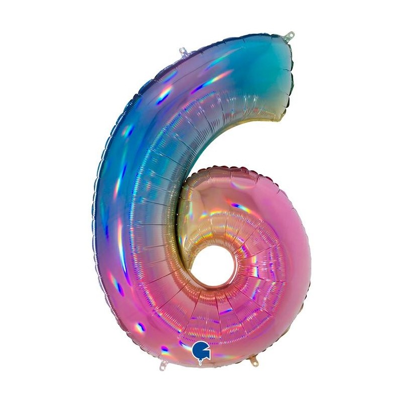 BALLON METALLIQUE CHIFFRE 6 HOLOGRAPHIQUE MULTICOLORE RAINBOW 102 CM 