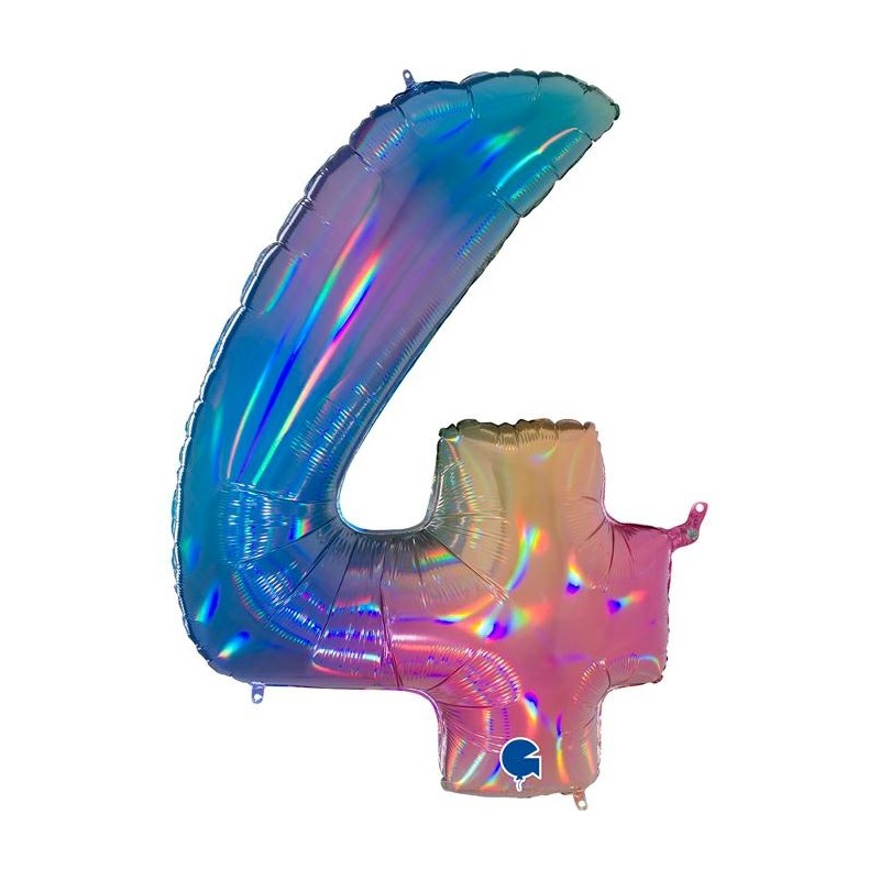 BALLON METALLIQUE CHIFFRE 4 HOLOGRAPHIQUE MULTICOLORE RAINBOW 102 CM 