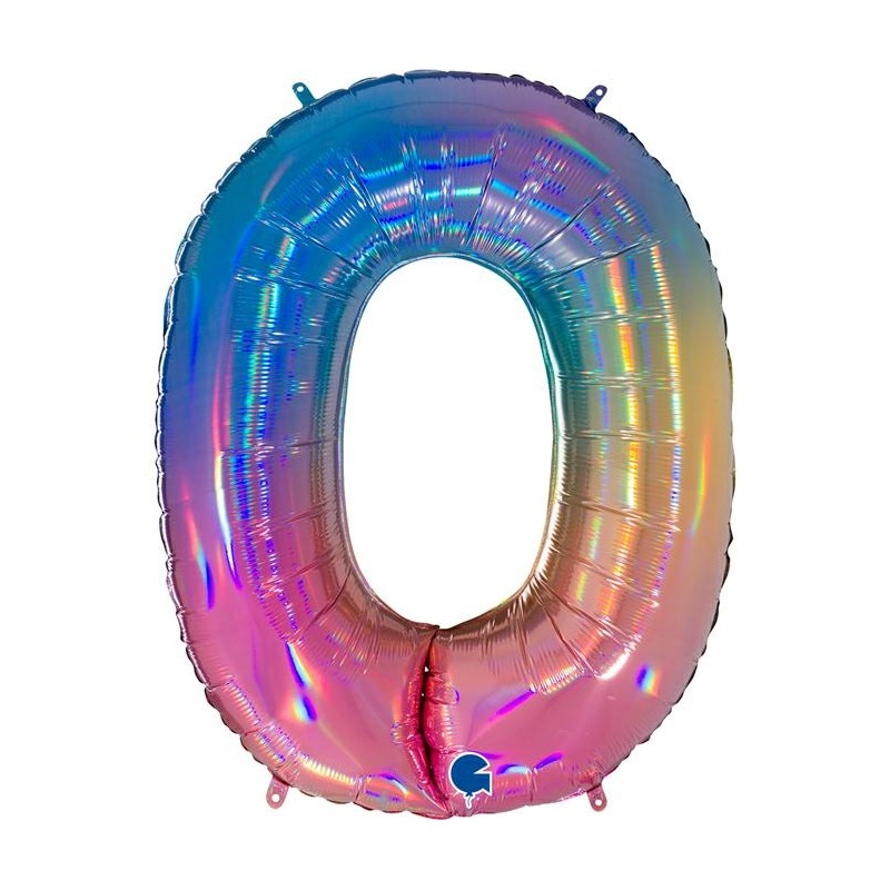 BALLON METALLIQUE CHIFFRE 0 HOLOGRAPHIQUE MULTICOLORE RAINBOW 102 CM 