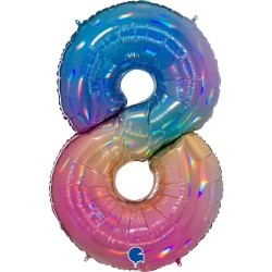 BALLON METALLIQUE CHIFFRE 8 HOLOGRAPHIQUE MULTICOLORE RAINBOW 102 CM 
