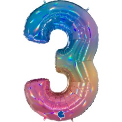 BALLON METALLIQUE CHIFFRE 3 HOLOGRAPHIQUE MULTICOLORE RAINBOW 102 CM 