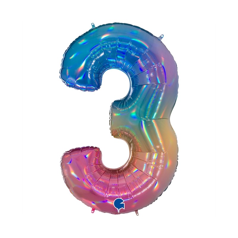BALLON METALLIQUE CHIFFRE 3 HOLOGRAPHIQUE MULTICOLORE RAINBOW 102 CM 