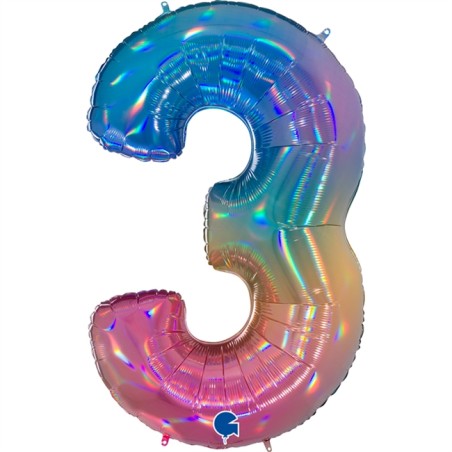 BALLON METALLIQUE CHIFFRE 3 HOLOGRAPHIQUE MULTICOLORE RAINBOW 102 CM 