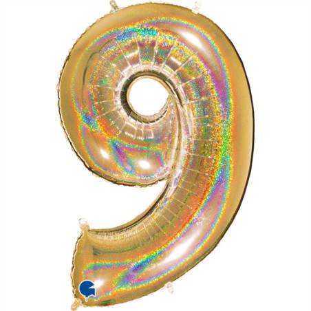 BALLON METALLIQUE CHIFFRE 9 OR HOLOGRAPHIQUE GLITTER 102 CM