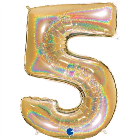 BALLON METALLIQUE CHIFFRE 5 OR HOLOGRAPHIQUE GLITTER 102 CM