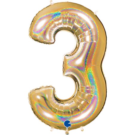 BALLON METALLIQUE CHIFFRE 3 OR HOLOGRAPHIQUE GLITTER 102 CM