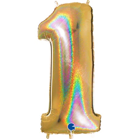 BALLON METALLIQUE CHIFFRE 1 OR HOLOGRAPHIQUE GLITTER 102 CM