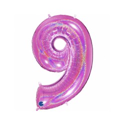 BALLON METALLIQUE CHIFFRE 9 HOLOGRAPHIQUE GLITTER FUSHIA 102CM 